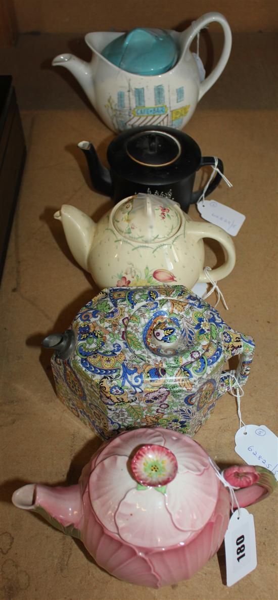 Carlton Ware Pink Buttercup teapot & 4 others, inc Midwinter Cannes, Lucky White Heather, Susie Cooper & Creyke paisley